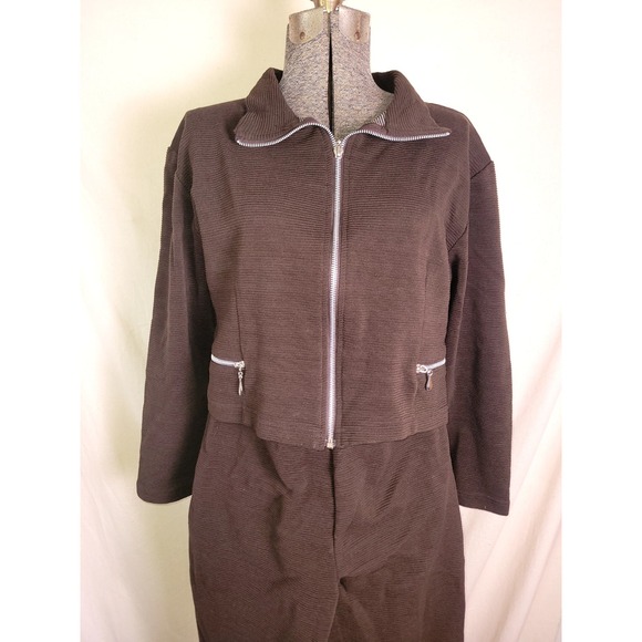 Vintage 70s 80s Brown Sweat Set High Rise Pants Cropped Jacket S/M Mod Disco - Picture 2 of 13